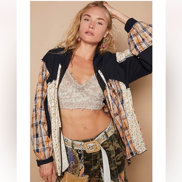 POL Mixed Fabric and Print Zip Up Hooded Top in Navy Medium Boho Bohemian Hippie - Picture 1 of 13